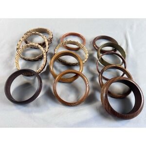 Vintage Wood Bangle Bracelet Lot Carved Woven Boho Stackable Bracelets
